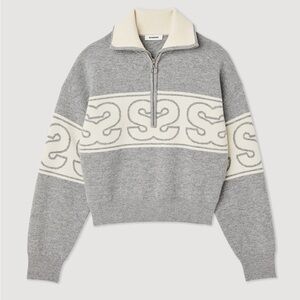 Sandro Gray and Cream Cowl Neck Sweater